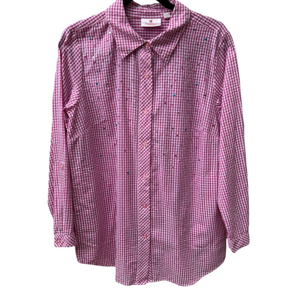 Quacker Factory Grandmacore Cottagecore Gingham Rhinestone Roll Tab Shirt PInk S